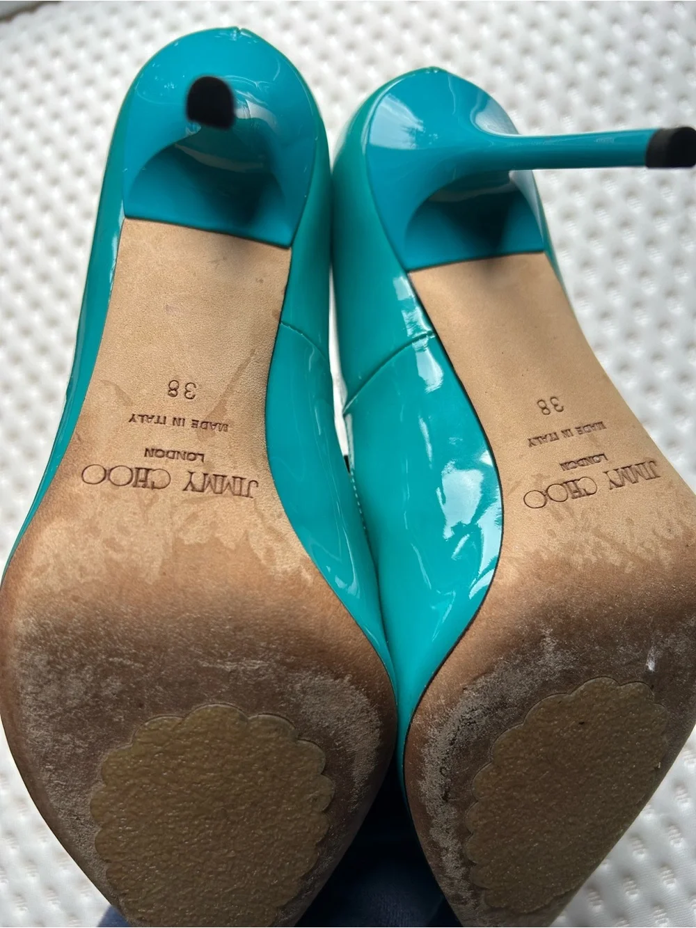 Jimmy Choo Anouk 120 Azora Turquoise Patent Leather Pumps IT 38 US 8